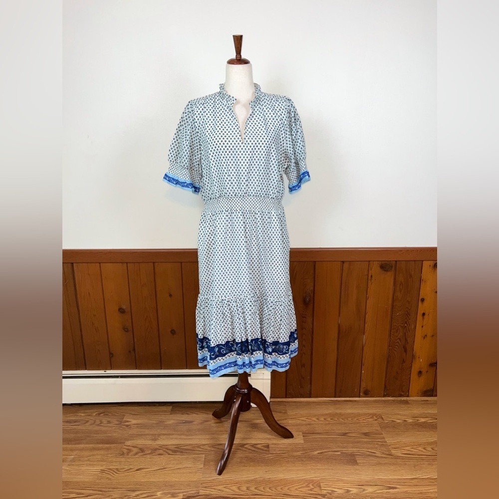 J. Crew Women White Blue Ditsy Floral Border Print Midi Dress Ruffle Sleeve L - Picture 2 of 6